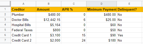 Image of a spreadsheet showing one possible configuration to organize debt information. 